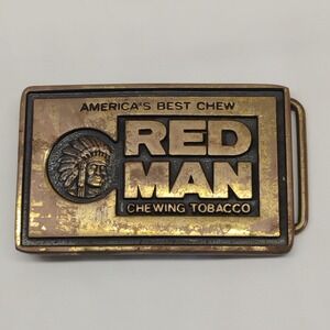 Vintage 80s BTS RED MAN CHEWING TOBACCO Solid Brass USA Advertising‎ Belt Buckle